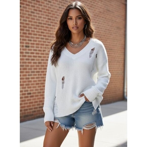 Saks Fifth Avenue Sweaters - Vtg 90s Saks Fifth Avenue White Distressed V-Neck Sweater | Grunge Indie Sleaze